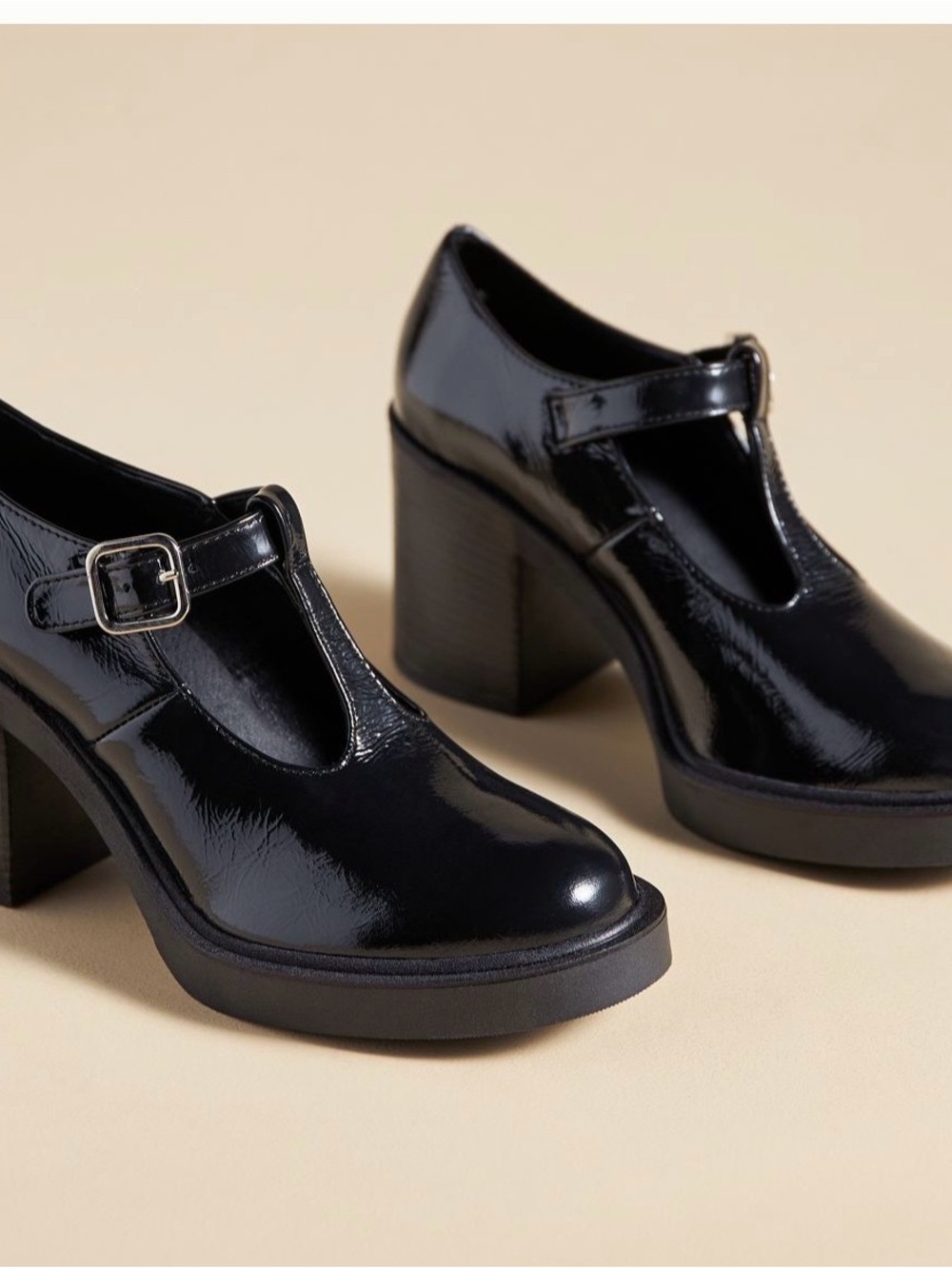 Maeve Black Patent T-Strap Mary Janes with Silver Buckles
